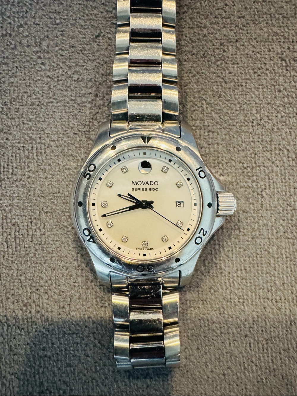 Movado Series 800 Stainless Steel Watch with White Dial and Diamond Markers